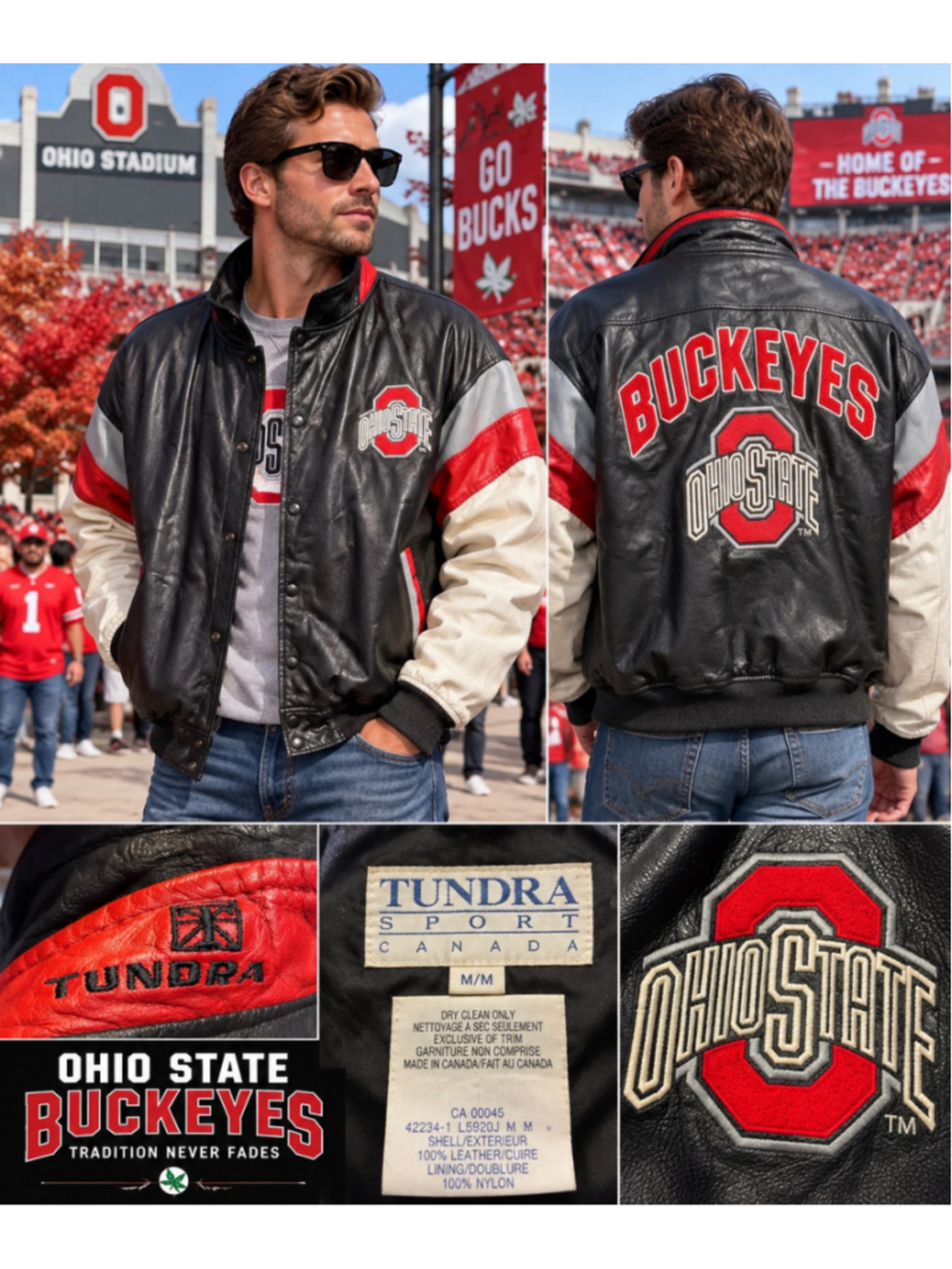 Men's Tundra Ohio State Buckeyes Leather Varsity Jacket Black White Size M